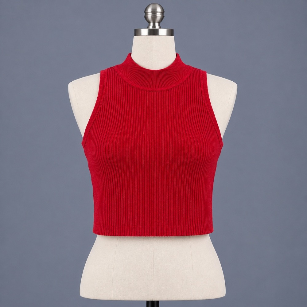 House of Harlow 1960 Top Large Red Ribbed Mock Neck Sleeveless Cropped Stretch
